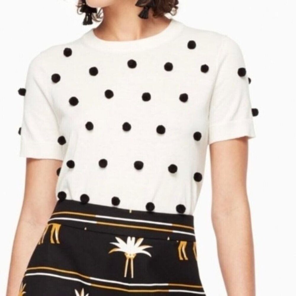 Kate Spade White Cashmere Cotton Blend Sweater with Black Pom Balls | Size XL